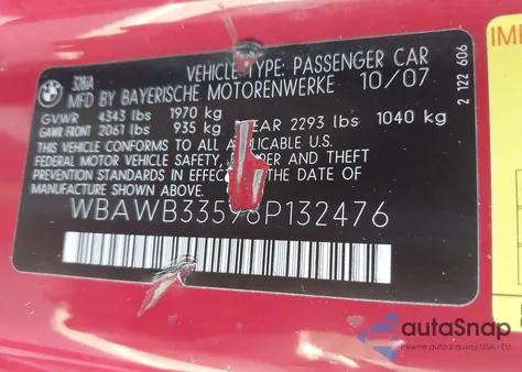 2008 BMW 328I from USA, damaged, VIN WBAWB33598P132476